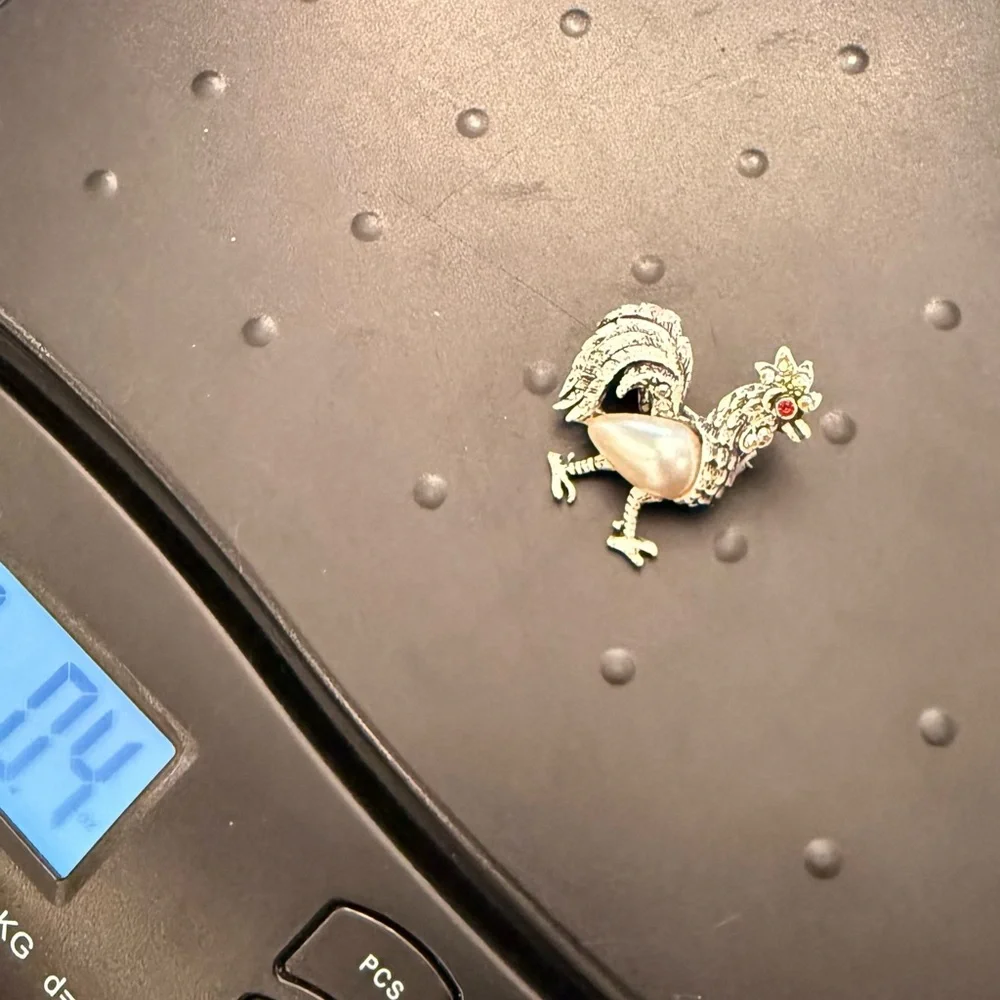 Silver‎ Tone Rooster brooch Faux Pearl Aurora Borealis Crystals Fancy Farmhouse